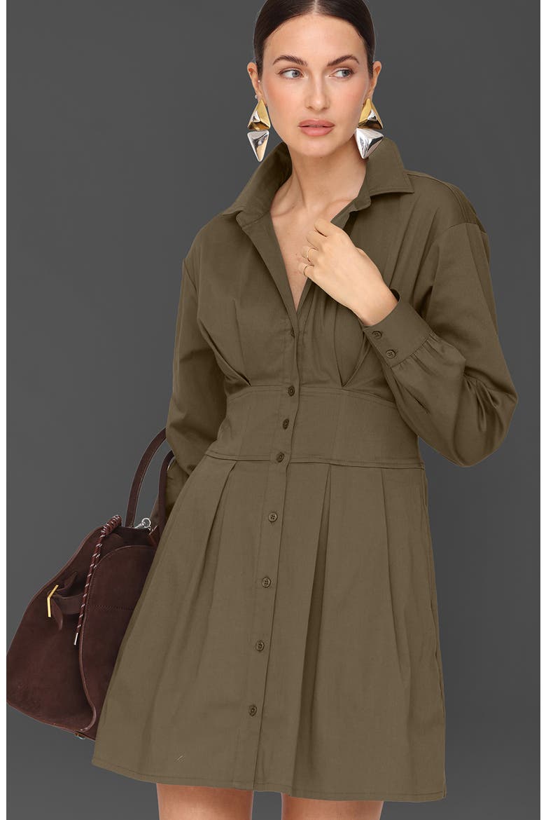 Corseted Long Sleeve Shirtdress, Alternate, color, BAYLEAF