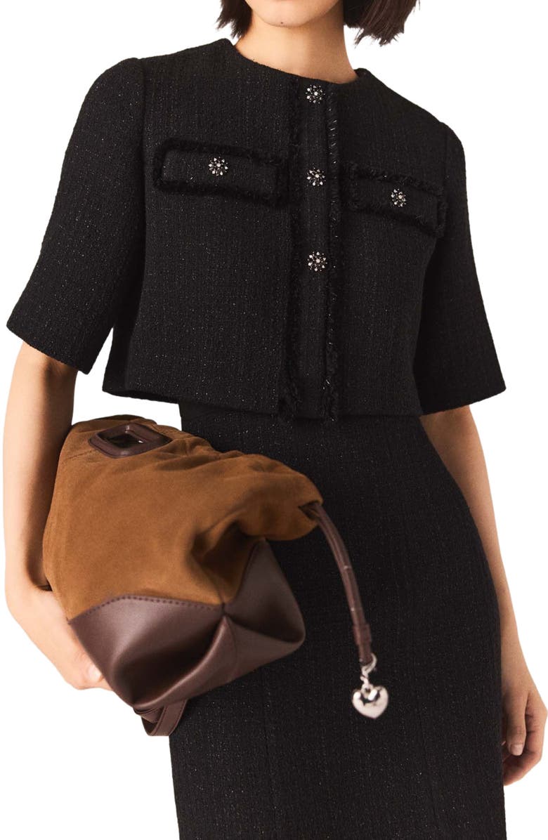 maje 2-in-1 shiny tweed dress, Alternate, color, Black