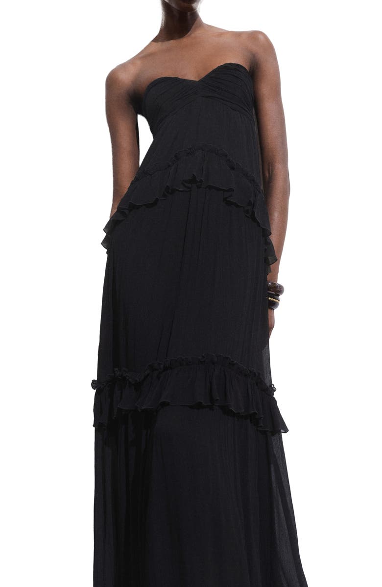 MANGO Strapless Ruffle Maxi Dress, Alternate, color, Black
