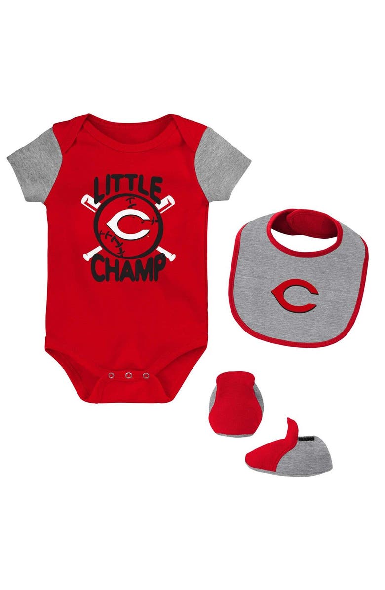 Outerstuff Newborn & Infant Red/Heather Gray Cincinnati Reds Little Champ Three-Pack Bodysuit Bib & Booties Set, Main, color, Red