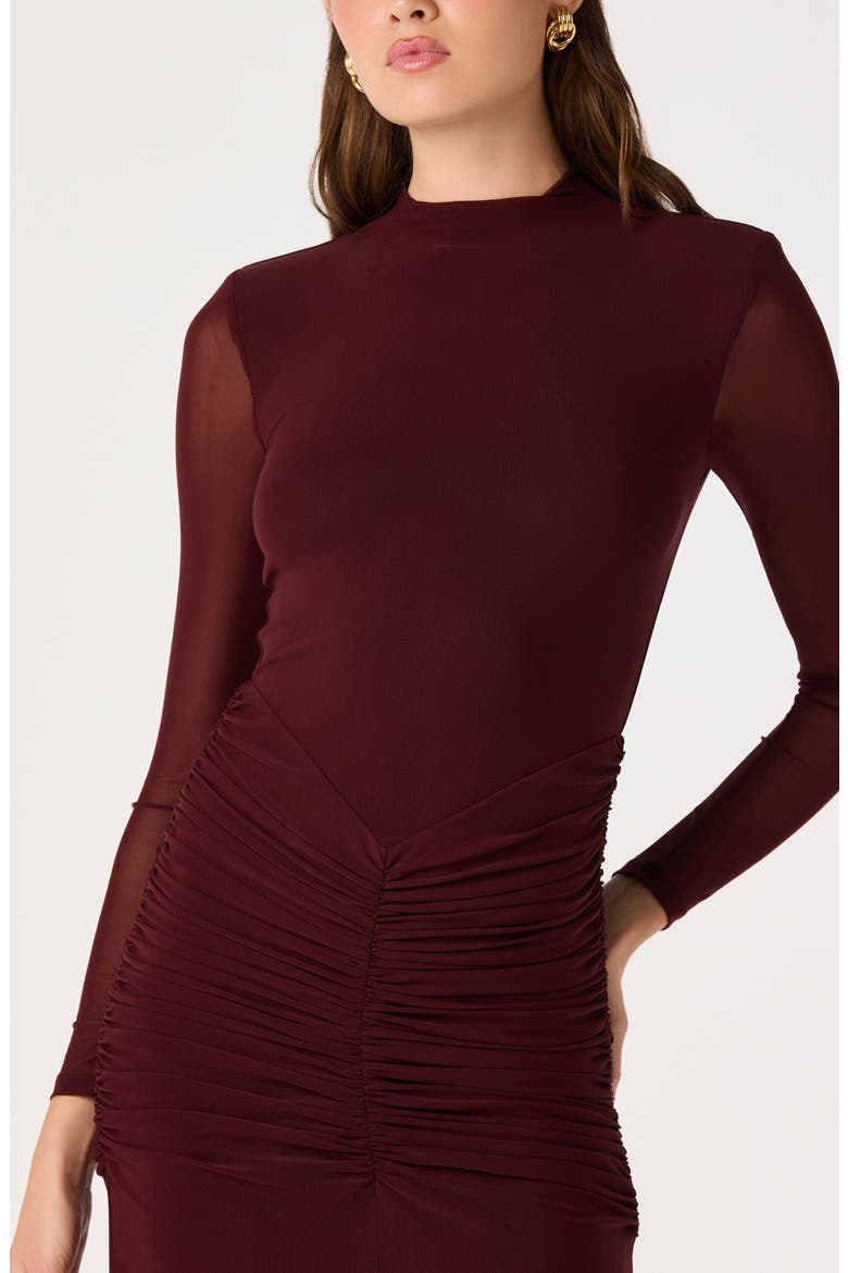 Romy Mock Neck Ruched Midi Dress, Alternate, color, BURGUNDY