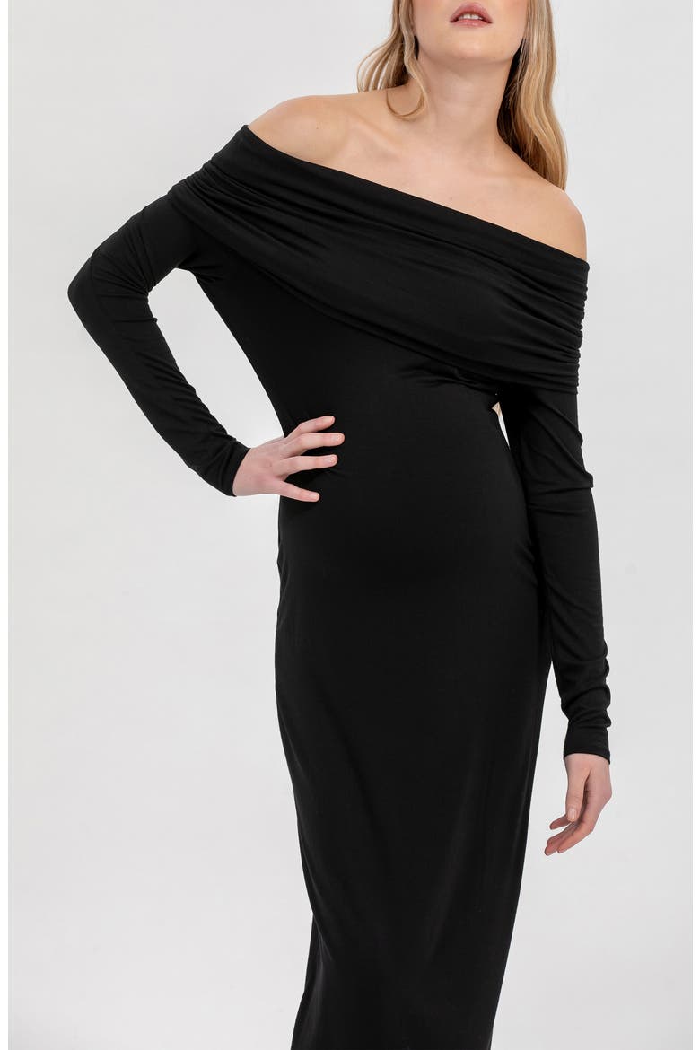 Primrose Off the Shoulder Long Sleeve Maternity Body-Con Dress, Alternate, color, BLACK