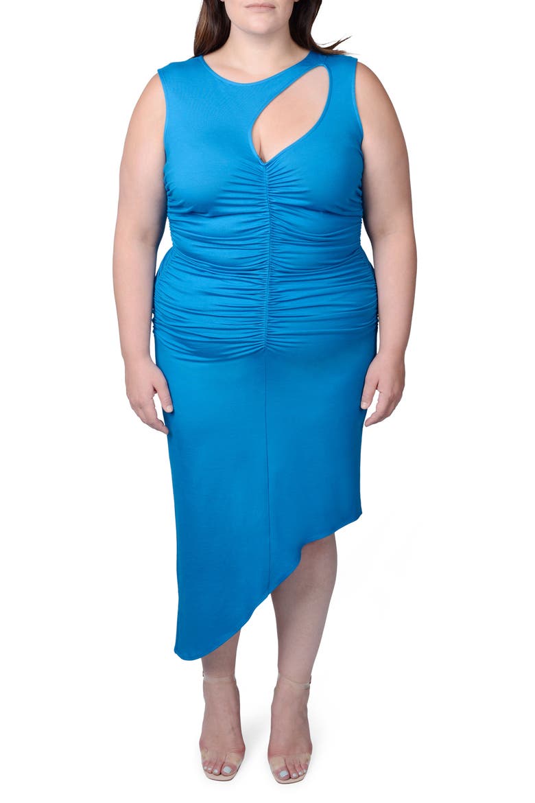 Sarah Cutout Asymmetric Shirred Dress, Main, color, BLUE