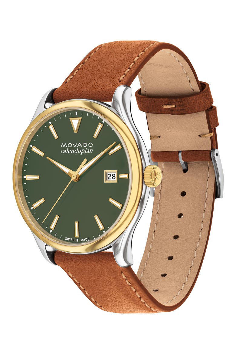 Heritage Calendoplan Leather Strap Watch, 40mm, Alternate, color, GREEN