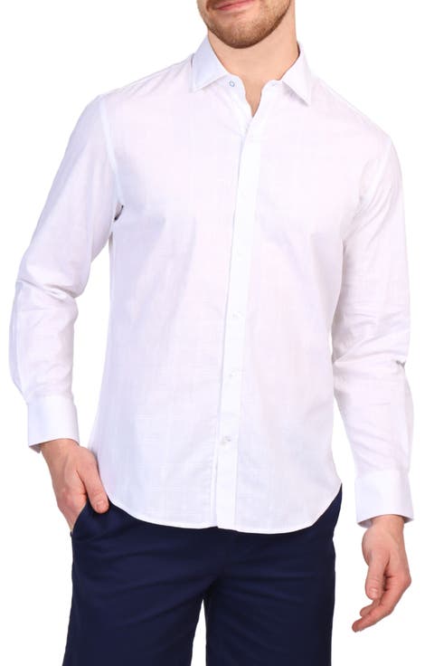 Windowpane Stretch Cotton Button Down Shirt