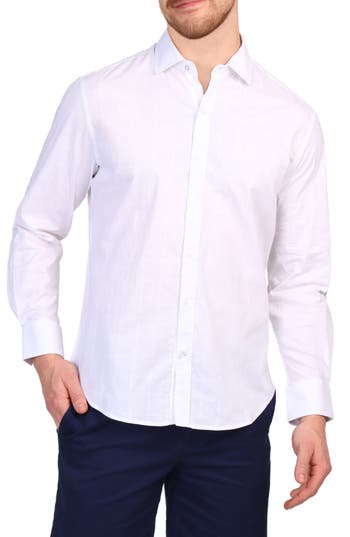 Tailorbyrd Windowpane Stretch Cotton Button Down Shirt In Dove White