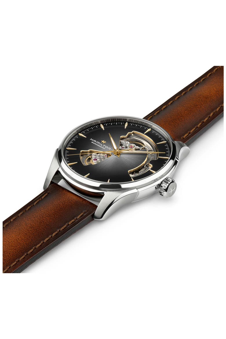 Jazzmaster Open Heart Automatic Leather Strap Watch, 40mm, Alternate, color, BLACK