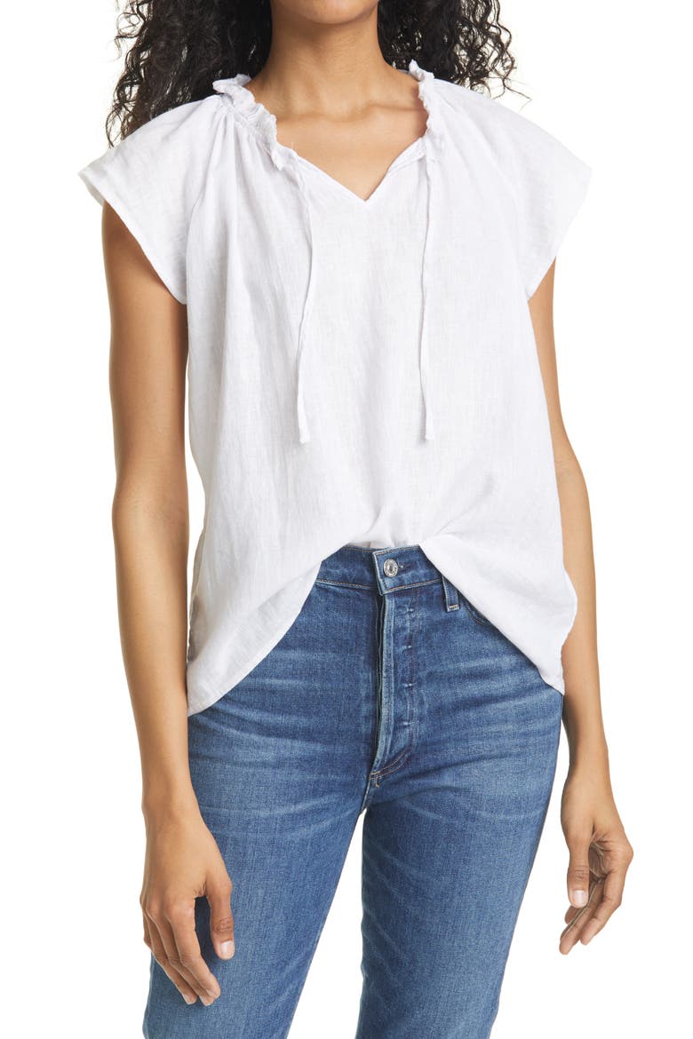 Raven Short Sleeve Linen Blend Peasant Blouse, Main, color, WHITE