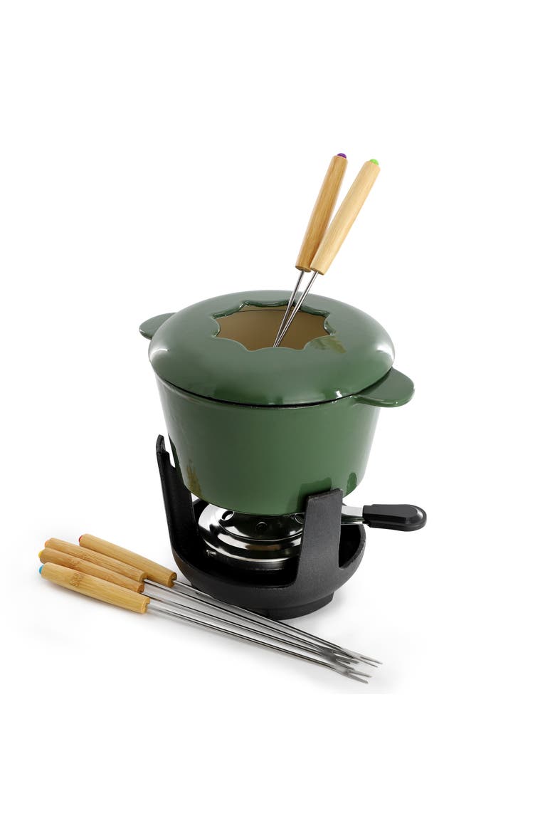 Enameled Cast Iron Fondue Pot with 6 Serving Forks in Green, Alternate, color, Green
