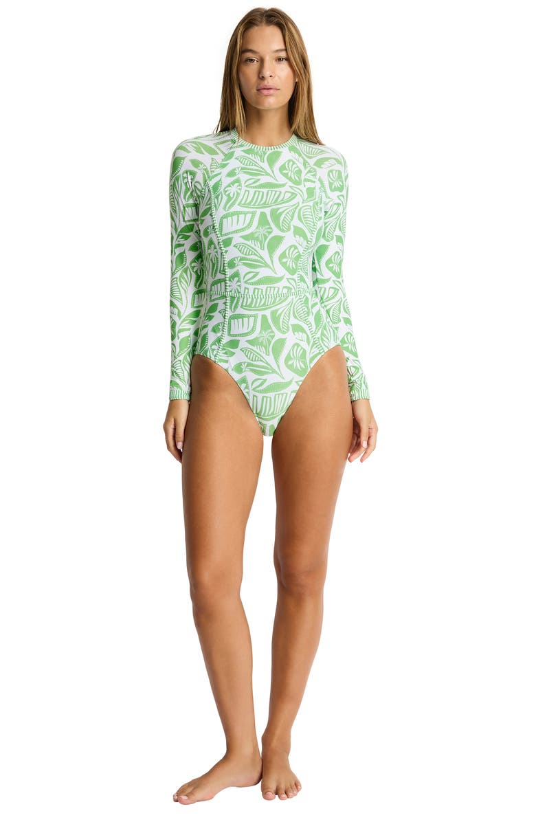 Sea Level Seamed Long Sleeve UPF 50+ One-Piece Rashguard Swimsuit, Alternate, color, Matcha