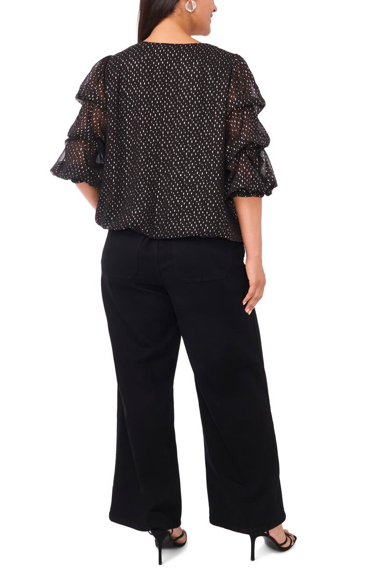 Vince Camuto Metallic Dot V-Neck Bubble Sleeve Top, Alternate, color, Rich Black