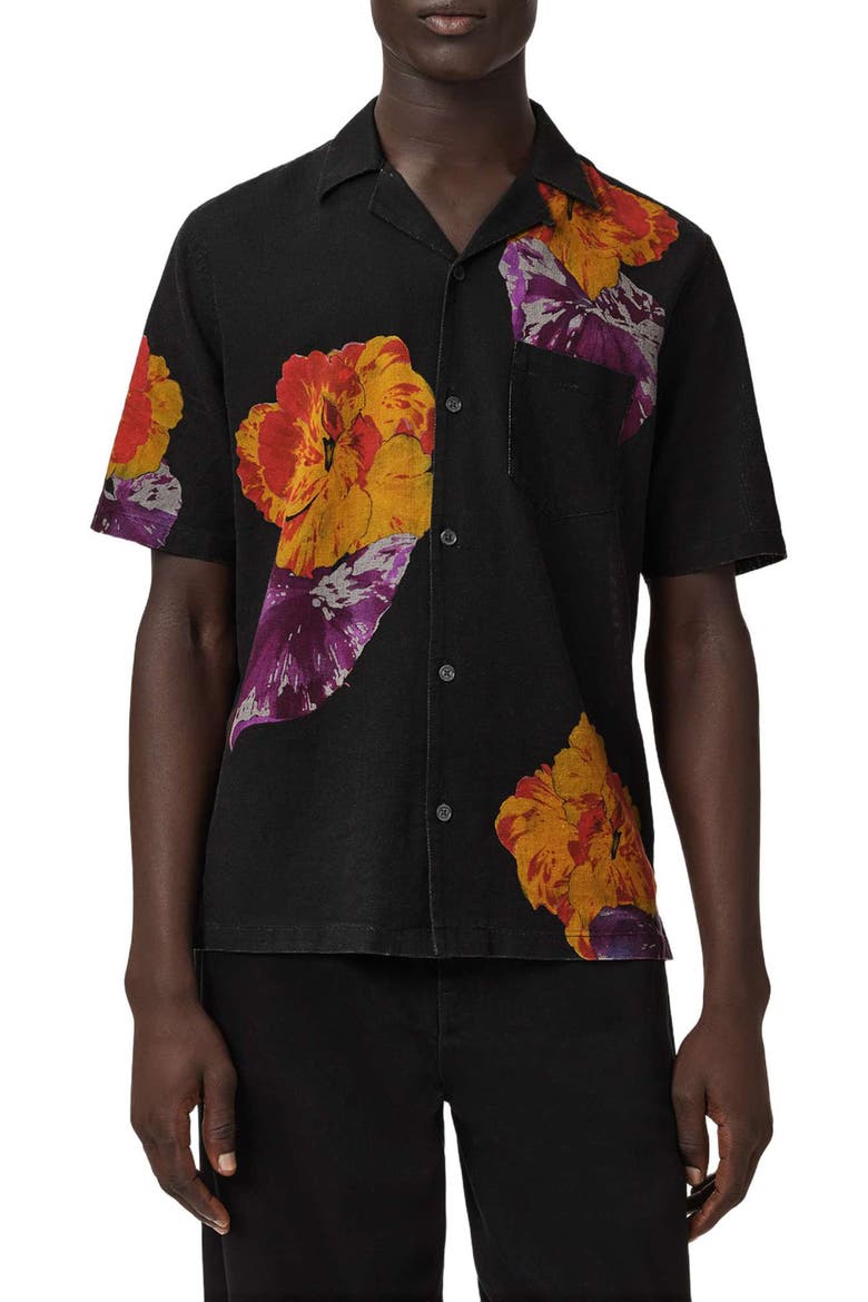 Nouvelle Floral Linen & Cotton Camp Shirt, Main, color, JET BLACK