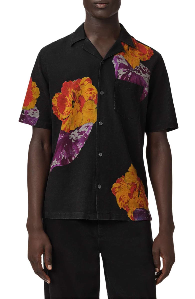 AllSaints Nouvelle Floral Linen & Cotton Camp Shirt, Main, color, Jet Black