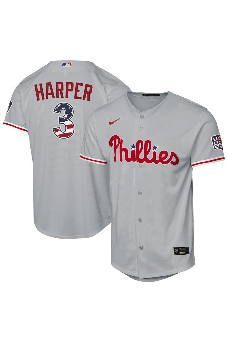 Youth Nike Bryce Harper Gray Philadelphia Phillies USA 250 Fourth of July Road Replica Jersey, Main, color, Gray