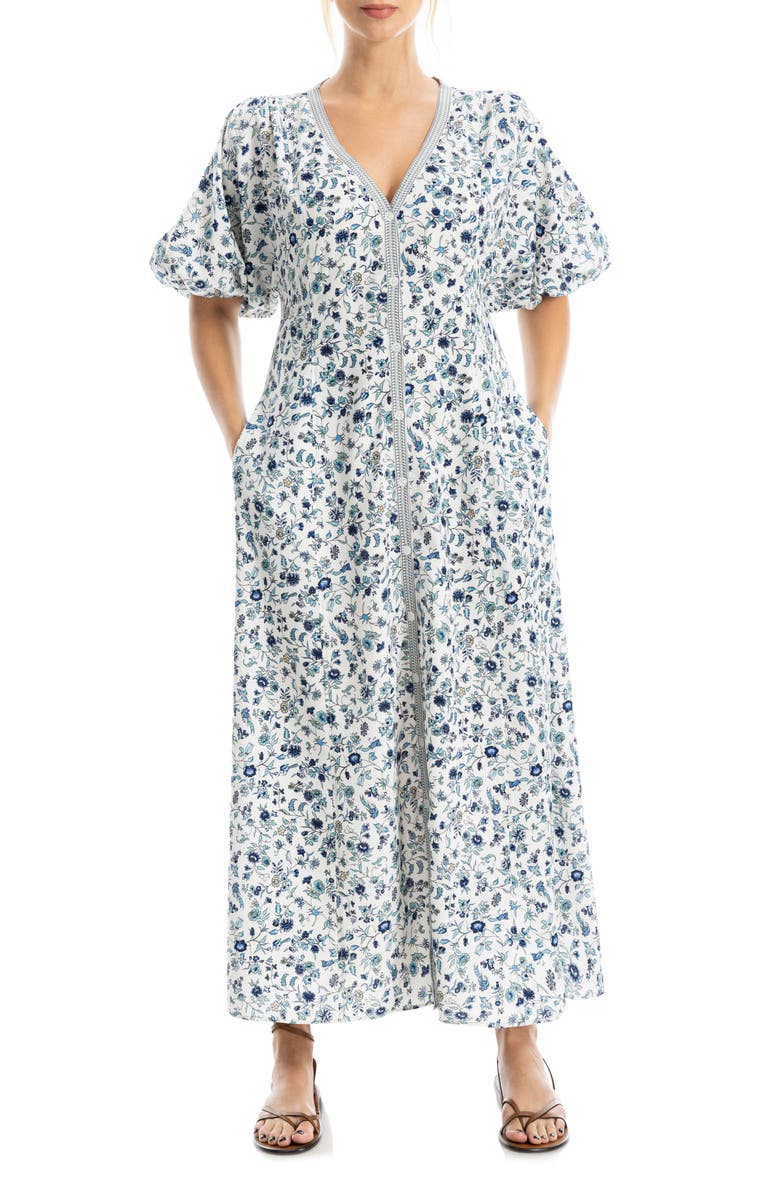 MAX STUDIO V-Neck Puff Sleeve Maxi Dress, Main, color, Ecru/ Blue Azalea Chintz