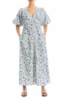 MAX STUDIO V-Neck Puff Sleeve Maxi Dress