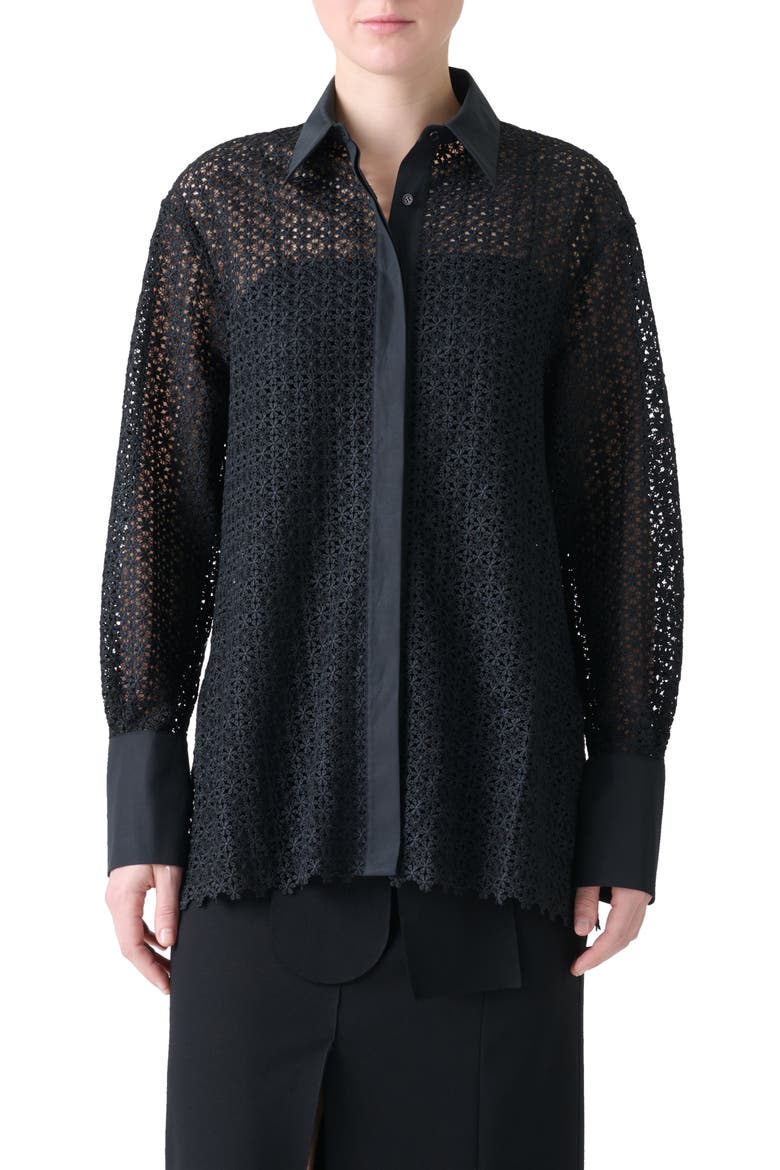 Daisy Guipure Button-Up Shirt, Main, color, BLACK