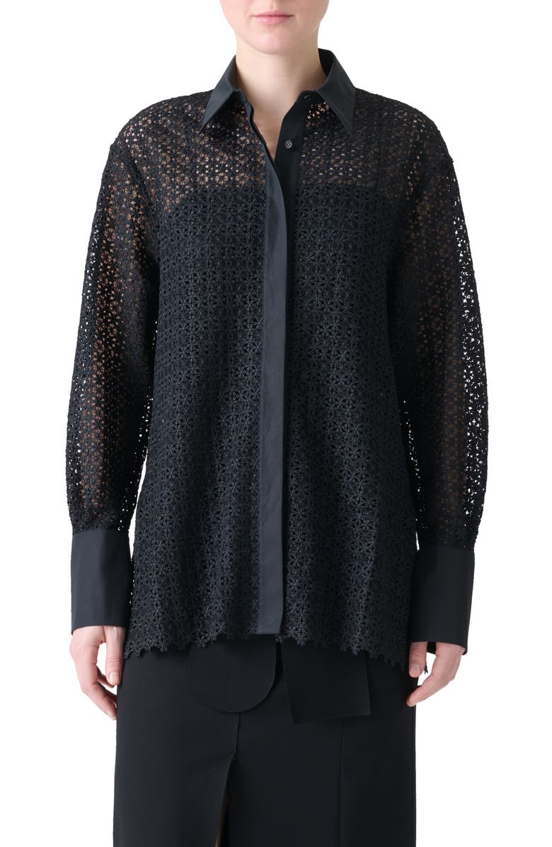 Akris punto Daisy Guipure Button-Up Shirt, Main, color, Black