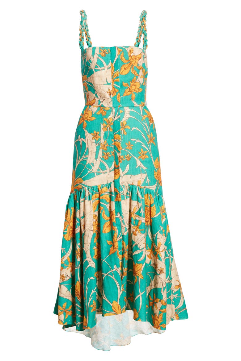 Twist Strap Print Linen Midi Dress, Alternate, color, CARRIBEAN AQUA/ MANGO ORANGE