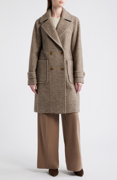 Double Breasted Wool Blend Herringbone Coat