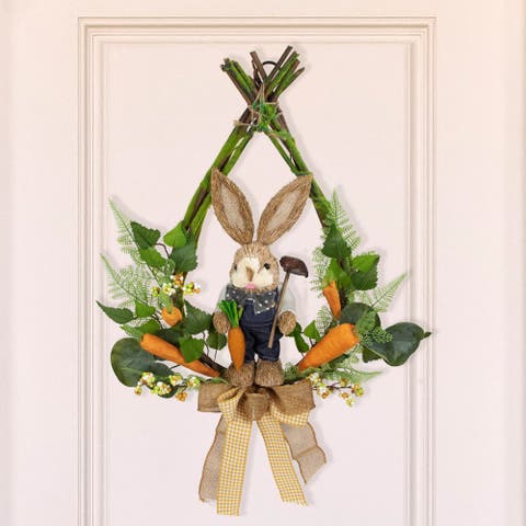 Farmer Bunny Moss Vines Teardrop Easter Wreath - 22" - Green and Orange - Unlit