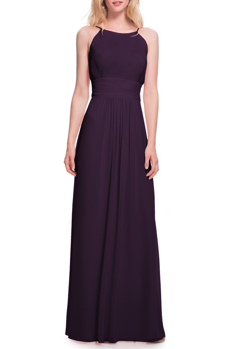 Low Back Pleat Chiffon A-Line Gown, Main, color, PLUM