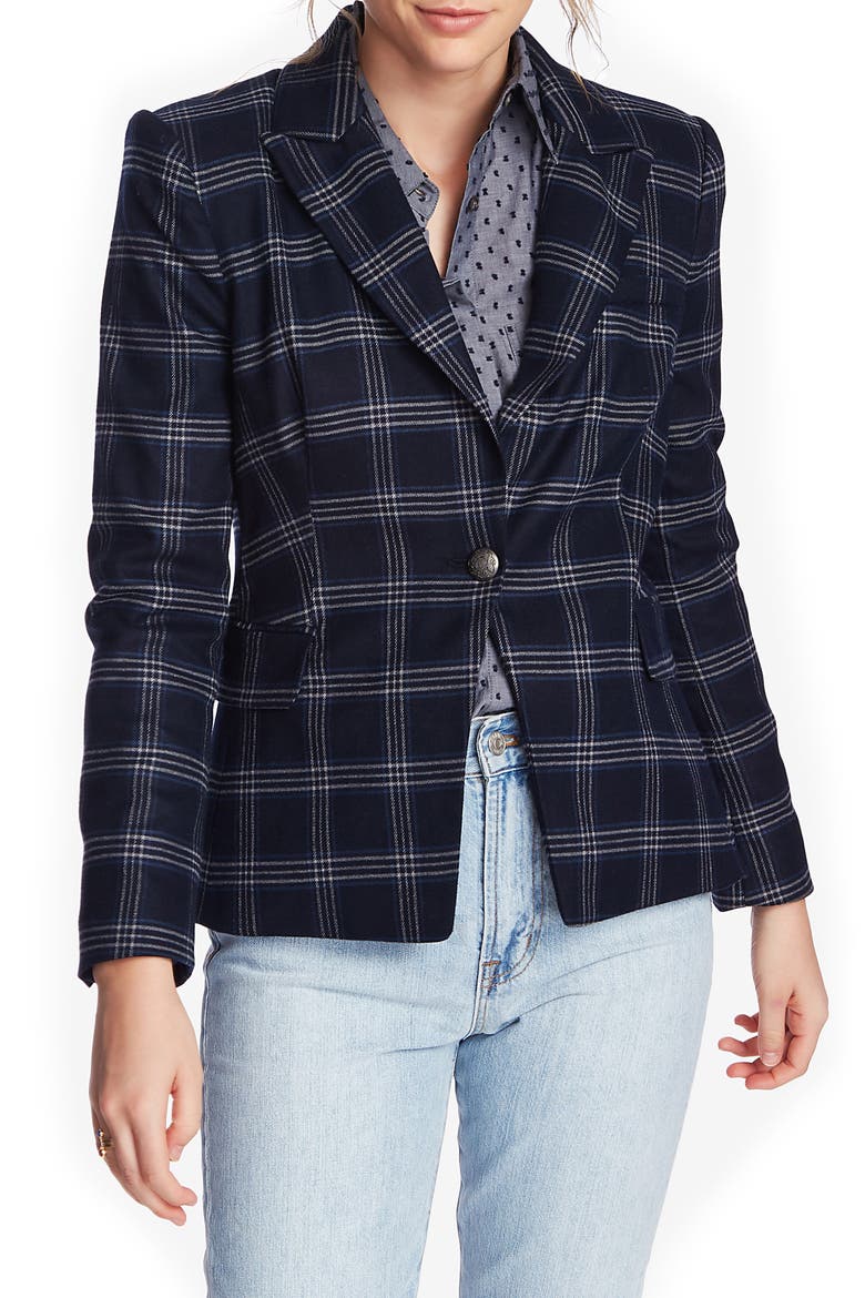 Plaid One Button Blazer, Main, color, BLUE NIGHT