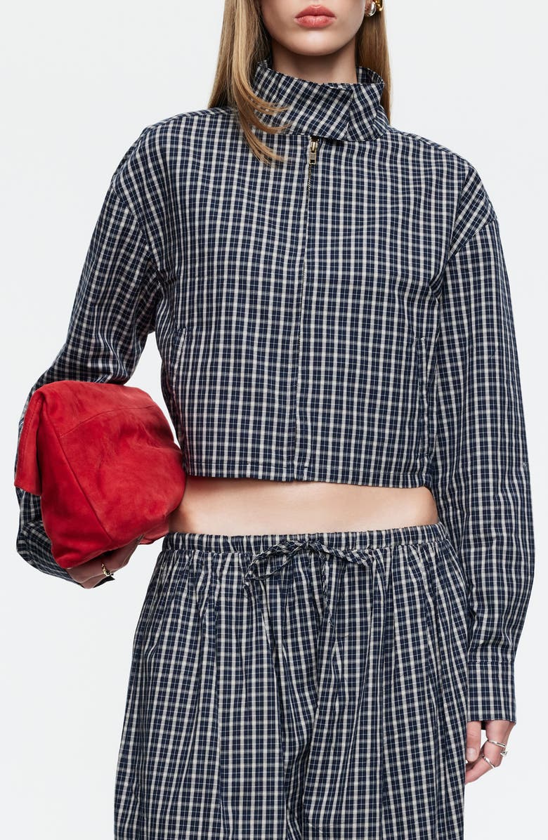 LIONESS Aura Plaid Cotton Crop Jacket, Main, color, Navy Lemon Plaid