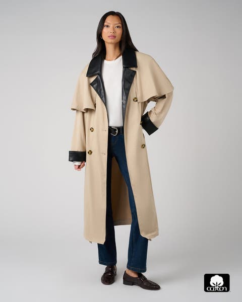 Vegan Leather Trim Trench Coat