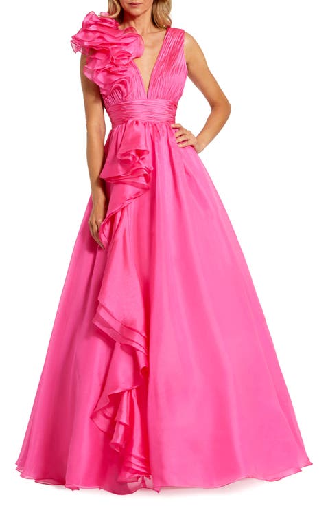 【Mac Duggal】ピンクのアシンメトリースカロップヘム装飾ドレス Pink Strapless Flare Feather Hem Gown - Mac Duggal