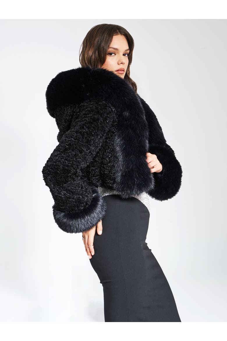 Kali Cropped Faux Fur Jacket With Hood, Alternate, color, Black