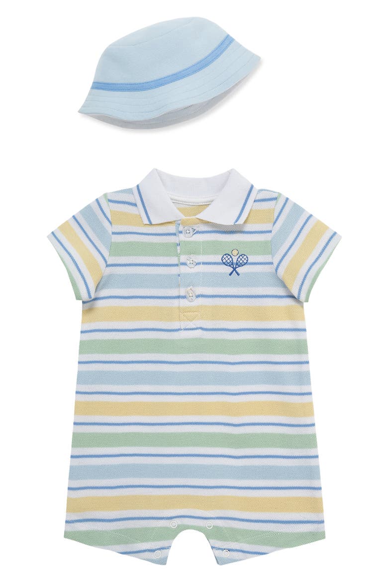 Stripe Cotton Polo Romper & Hat Set, Main, color, BLUE MULTI STRIPE