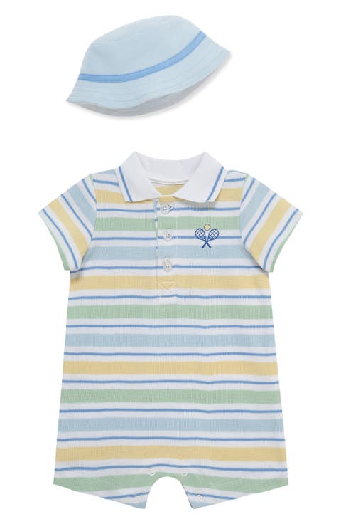 Stripe Cotton Polo Romper & Hat Set (Baby)