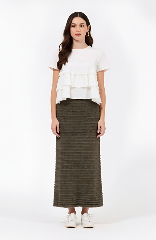 Modenaire Textured Knit Midi Skirt With Ribbed Stripe Pattern And Back Slit In Brown