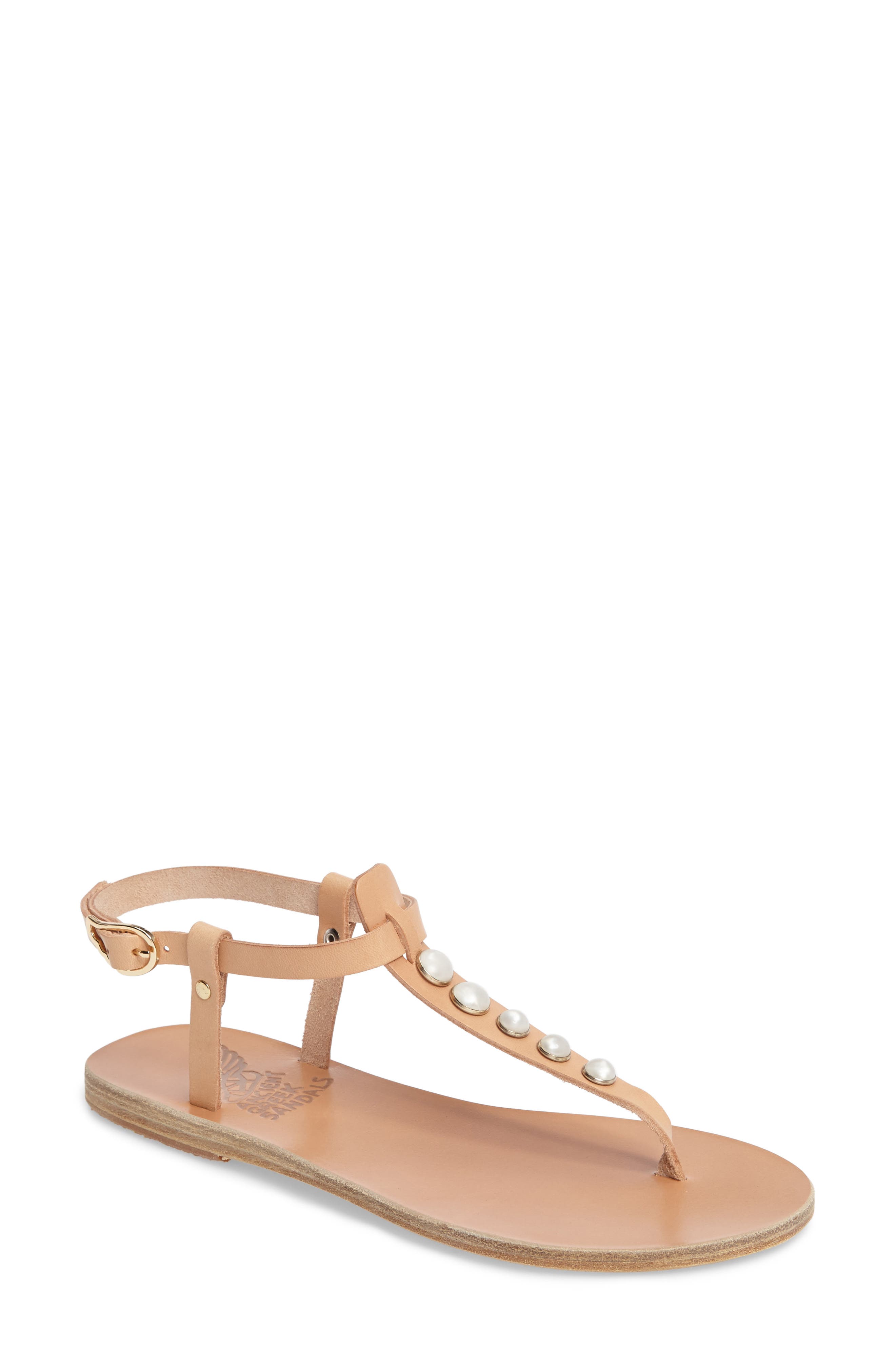 Lito Imitation Pearl Embellished T-Strap Sandal, Main, color, NATURAL VACHETTA