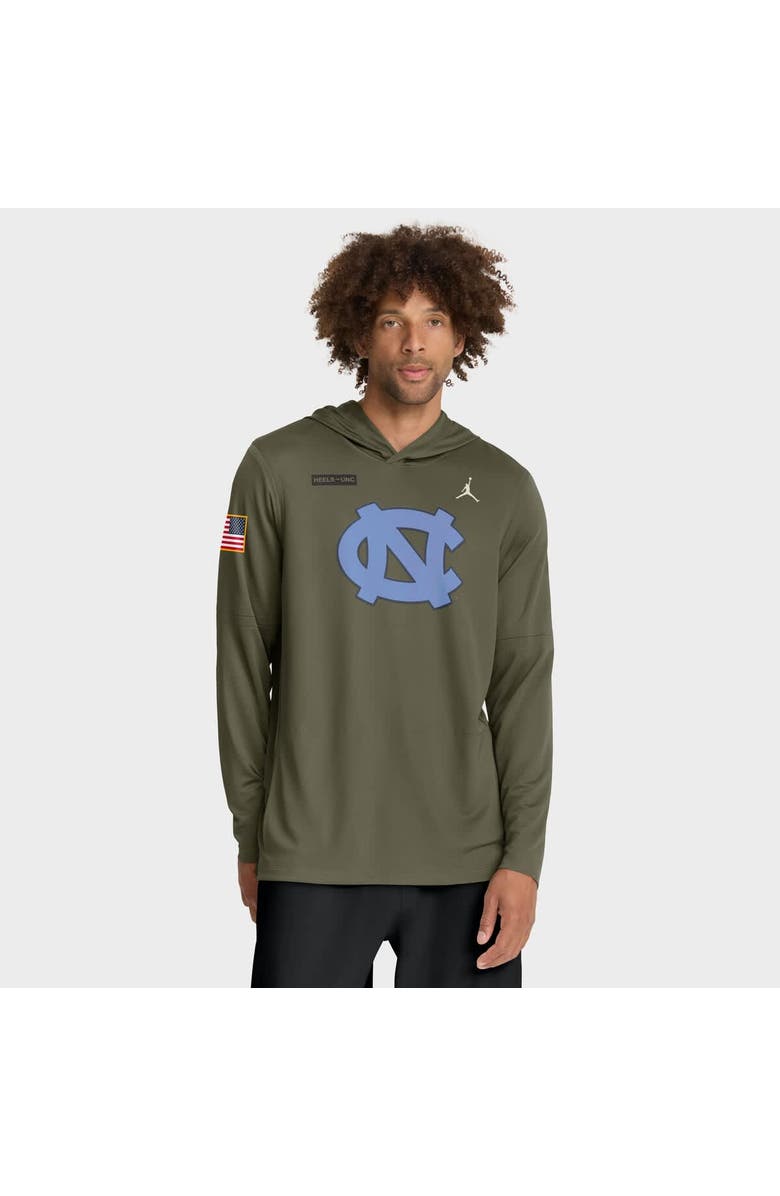Jordan Brand Men
s Jordan Brand Olive North Carolina Tar Heels 2025 Military Appreciation Dri-FIT Long Sleeve Hoodie T-Shirt, Main, color, 