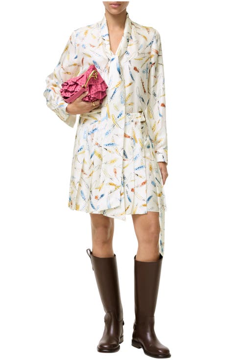 Pleated Feather-print Silk Mini Skirt