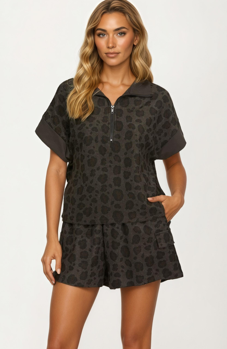 Knit and Lounge Leopard Print Short Sleeve Half Zip Collared Top, Alternate, color, 