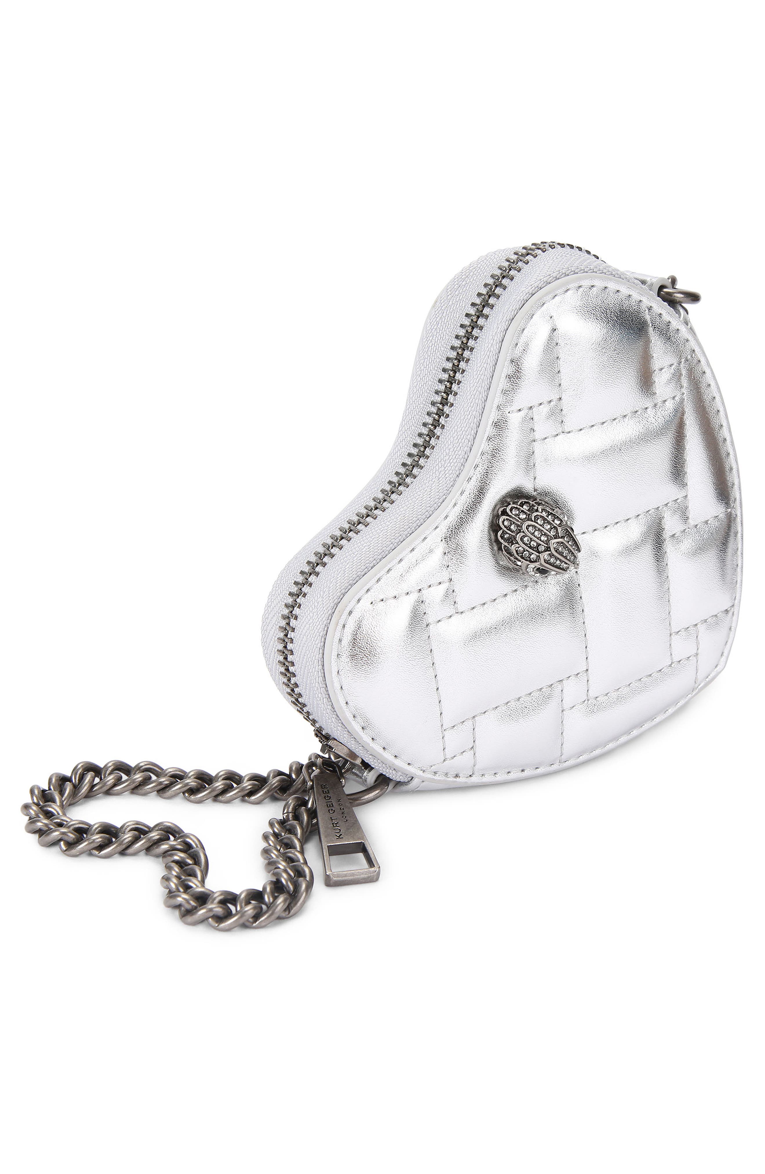 Kurt Geiger London Micro Heart Leather Crossbody Bag, Alternate, color, Silver