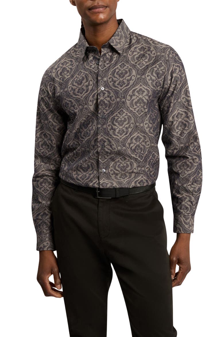 Damzen Jacquard Cotton Button-Up Shirt, Main, color, GREY