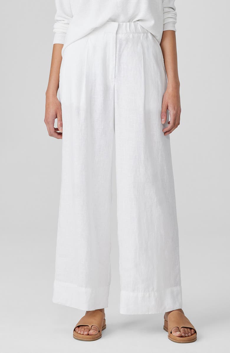 Eileen Fisher Pleated High Waist Organic Linen Wide Leg Pants, Main, color, White