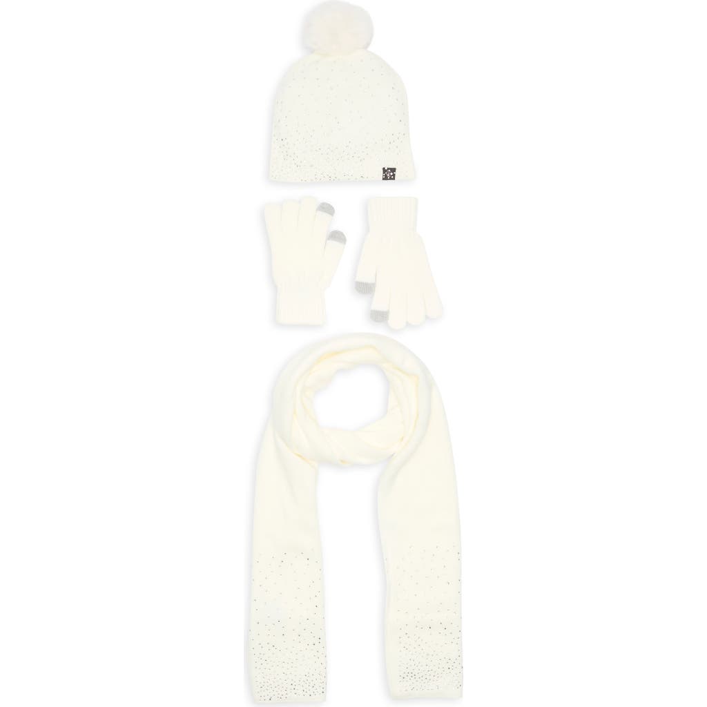 Nanette Lepore 3-piece Rhinestone Scarf, Beanie & Gloves Set In White