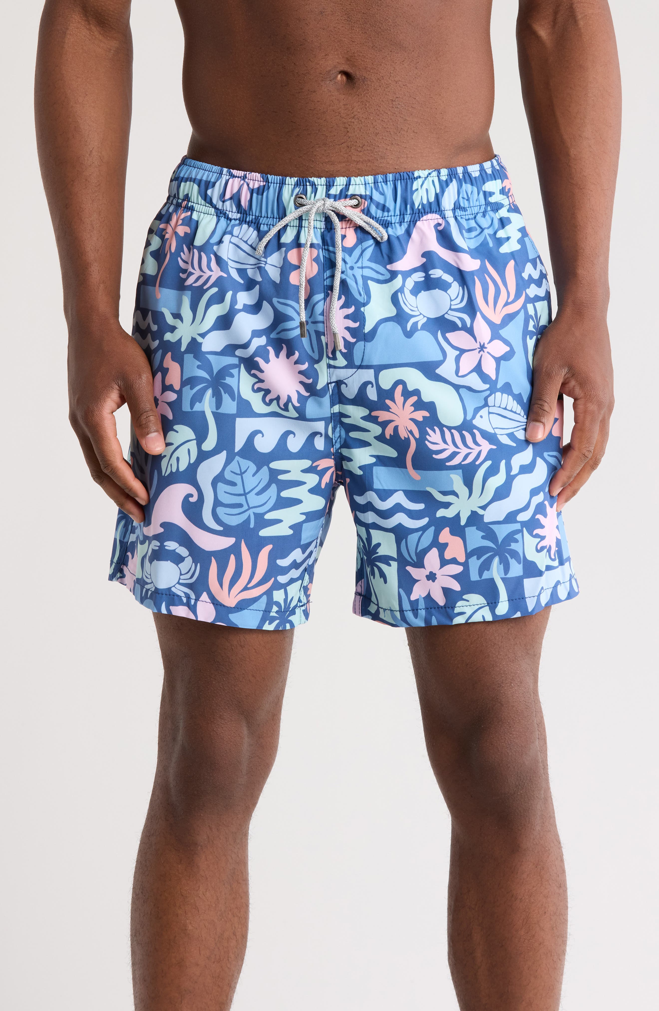 Vintage Summer Crabs & Fish Print Swim Trunks