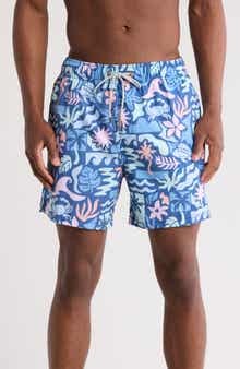 Vintage Summer Crabs & Fish Print Swim Trunks