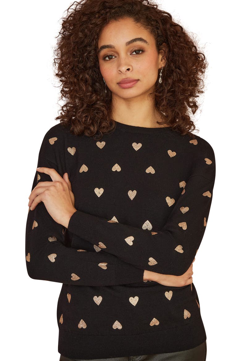 Foil Heart Print Relaxed Fit Sweater, Main, color, Black