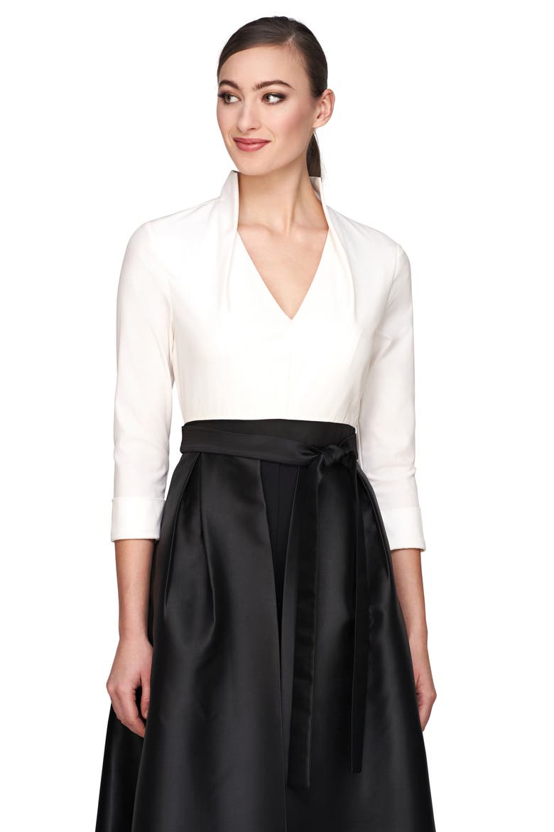 Sharon Tie Belt Three-Quarter Sleeve Satin Maxi Jumpsuit, Alternate, color, WHITE BLACK