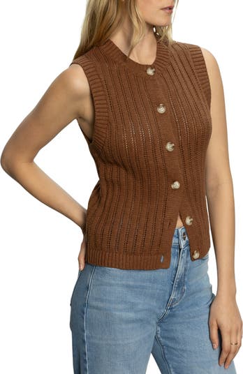 Pointelle Stitch Cotton Button-Up Sweater Vest
