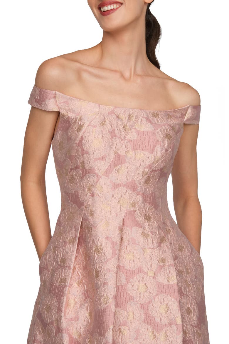 Alina Metallic Floral Jacquard Off the Shoulder Midi Cocktail Dress, Alternate, color, PINK MULTI