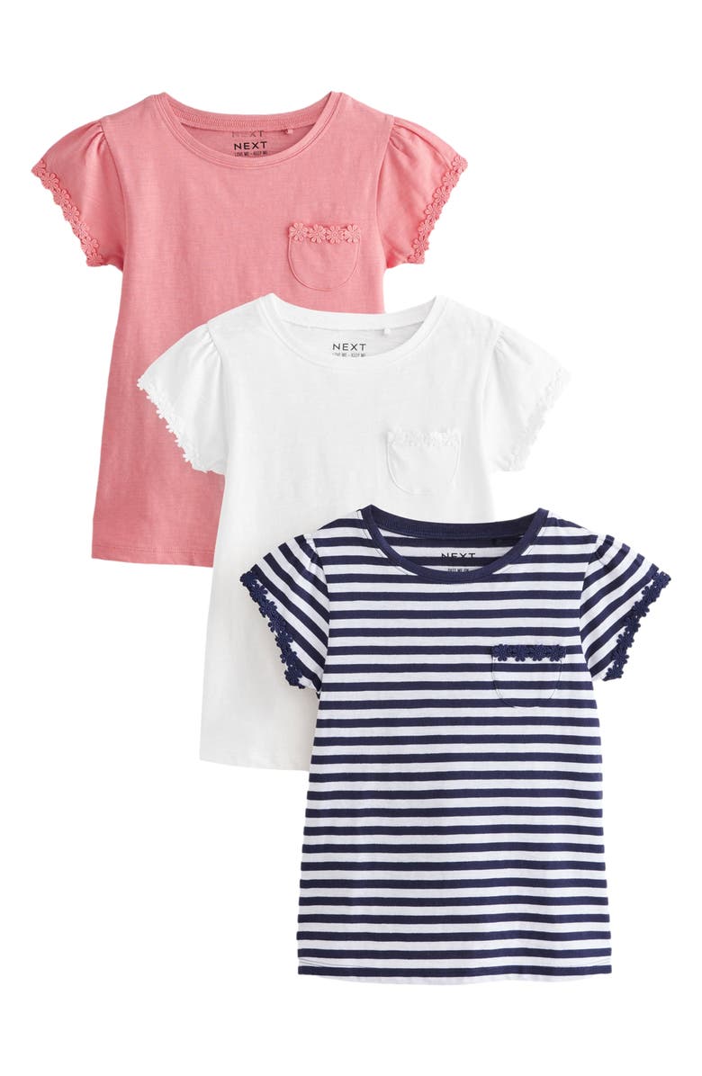 NEXT Kids' Assorted 3-Pack Floral Appliqué Cotton T-Shirts, Main, color, Multi Pink