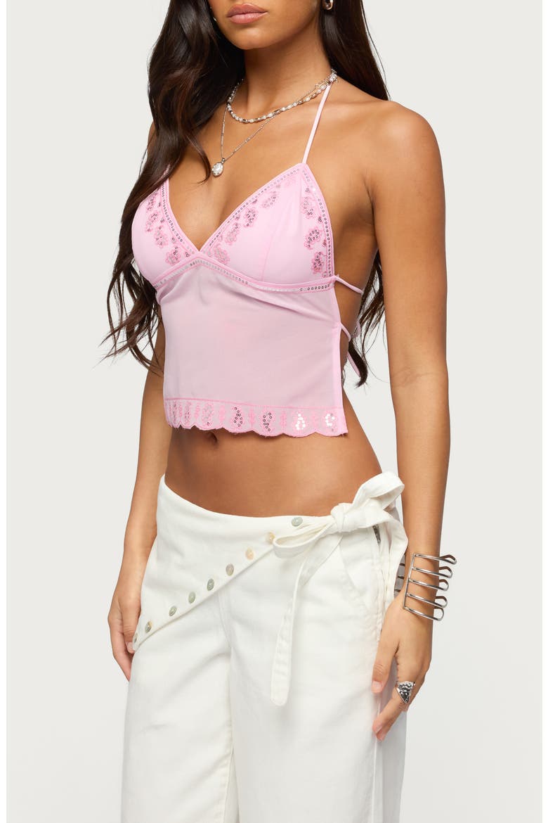 Allise Sequin Crop Halter Top, Alternate, color, PINK